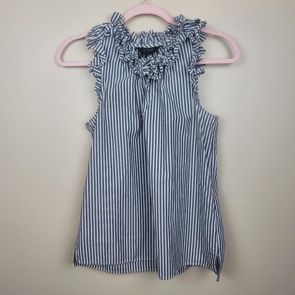 FIRM J. Crew Blue/White Ruffle Neck Top Size 2